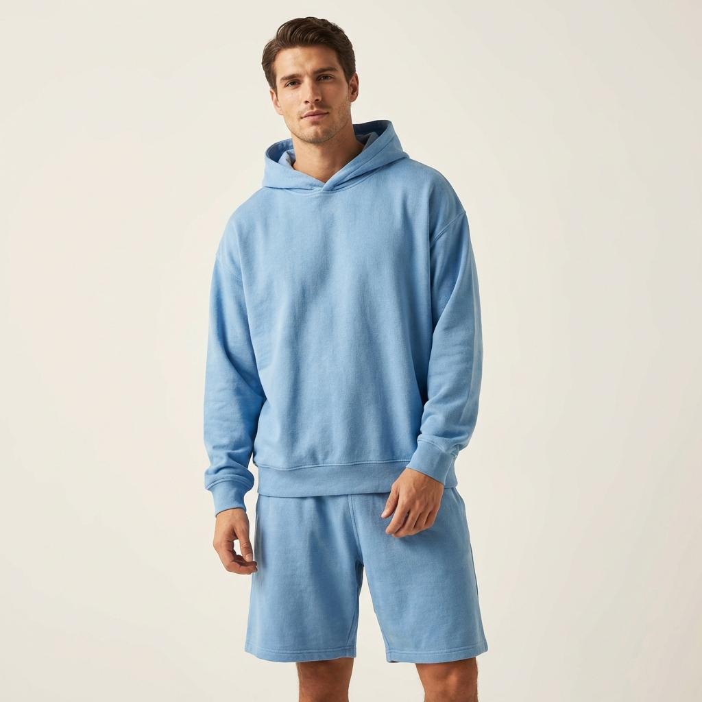 Model in blue hoodie